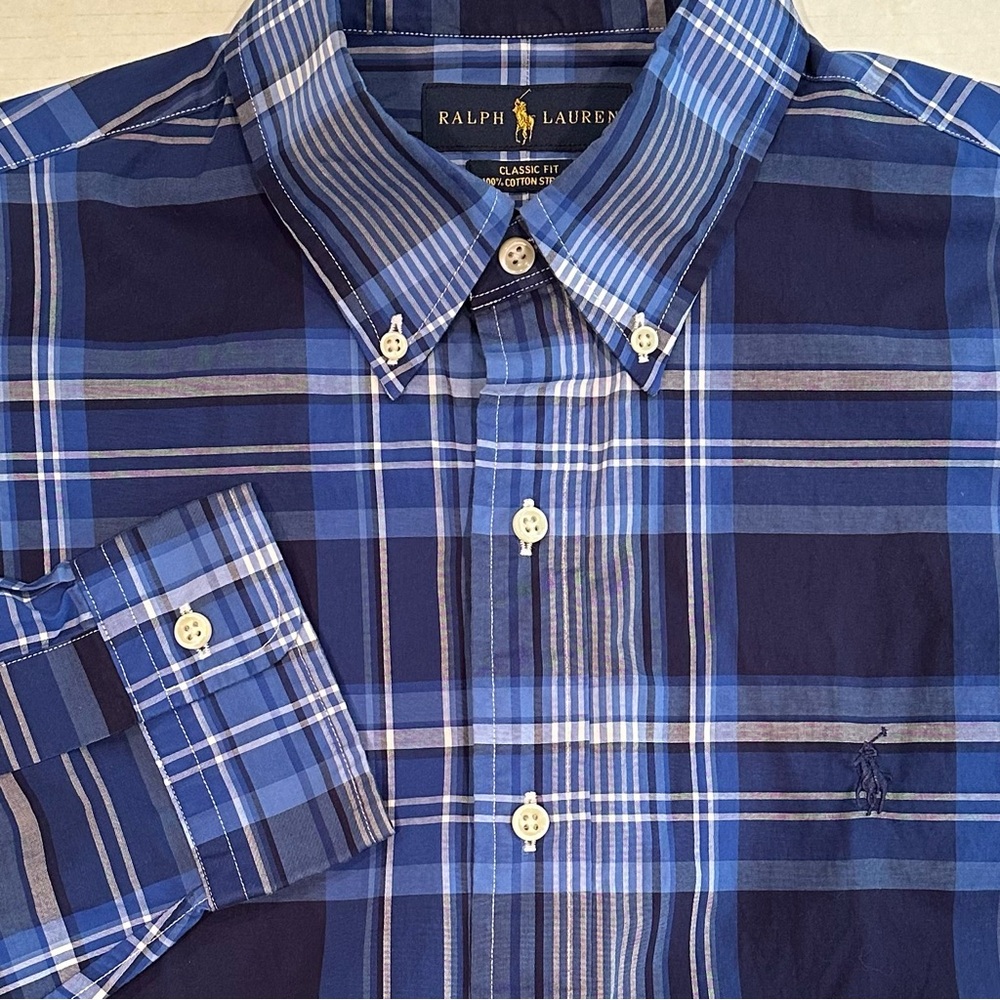Ralph Lauren Classic Fit Stretch Button Down Shirt Men's Medium Blue Plaid